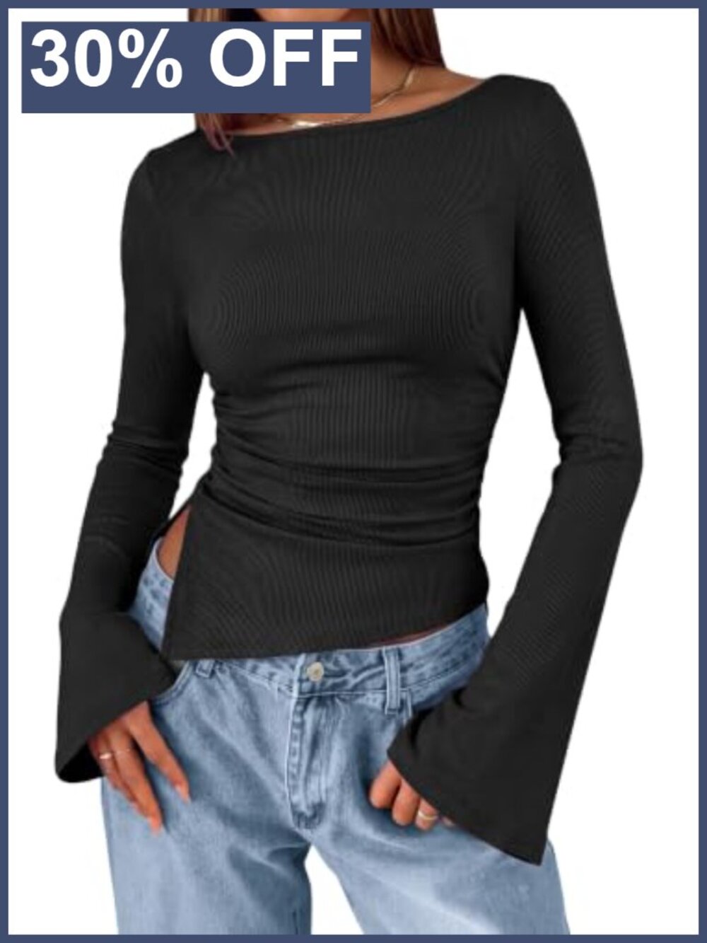 Ribbed Knit Bell Long Sleeve Boat Neck Asymmetrical Top